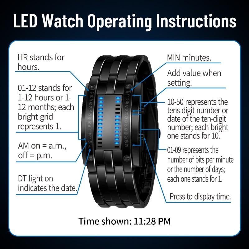 Cyberpunk Binary LED Watch – “Only Geeks Get It” – Futuristic, unique & eye-catching with blue LED display---Buy 2, get free delivery