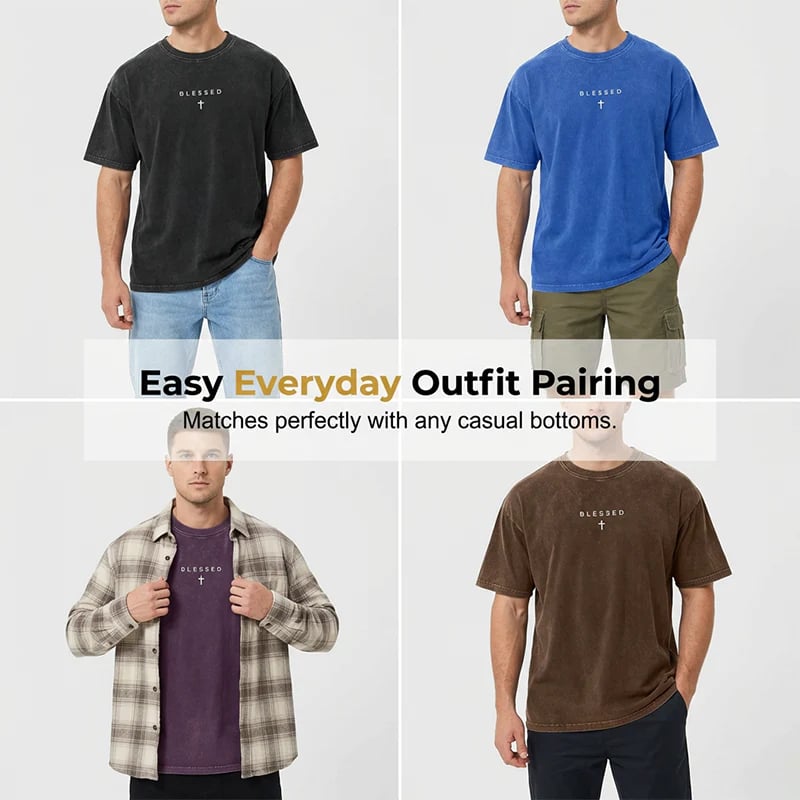 ✝️ Men‘s Vintage Cross & Letter Print T-Shirt – Soft Washed Cotton---Buy 4 Get Extra 40% Off & Free Shipping