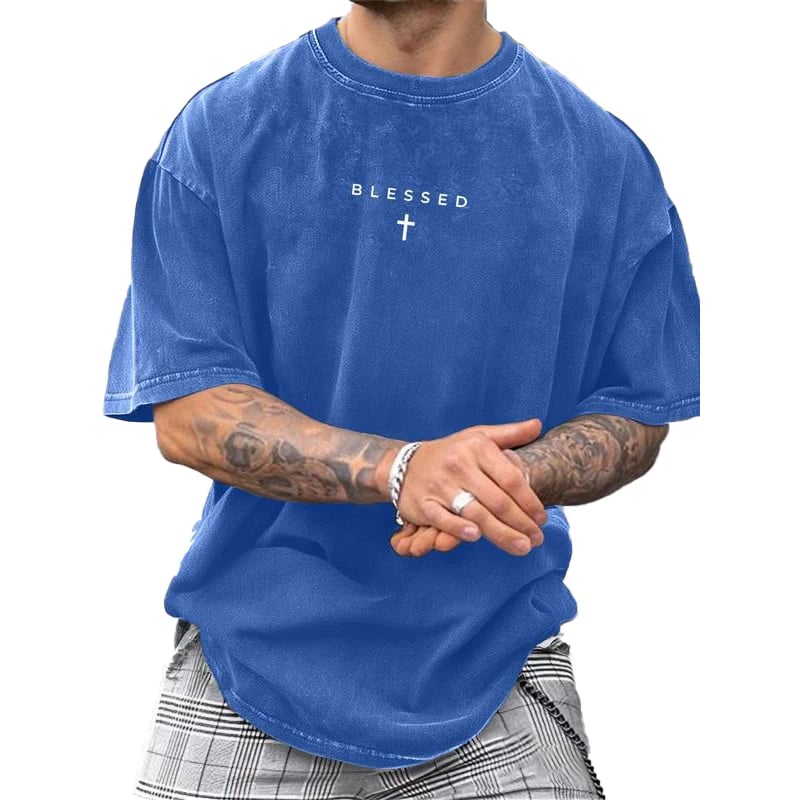 ✝️ Men‘s Vintage Cross & Letter Print T-Shirt – Soft Washed Cotton---Buy 4 Get Extra 40% Off & Free Shipping