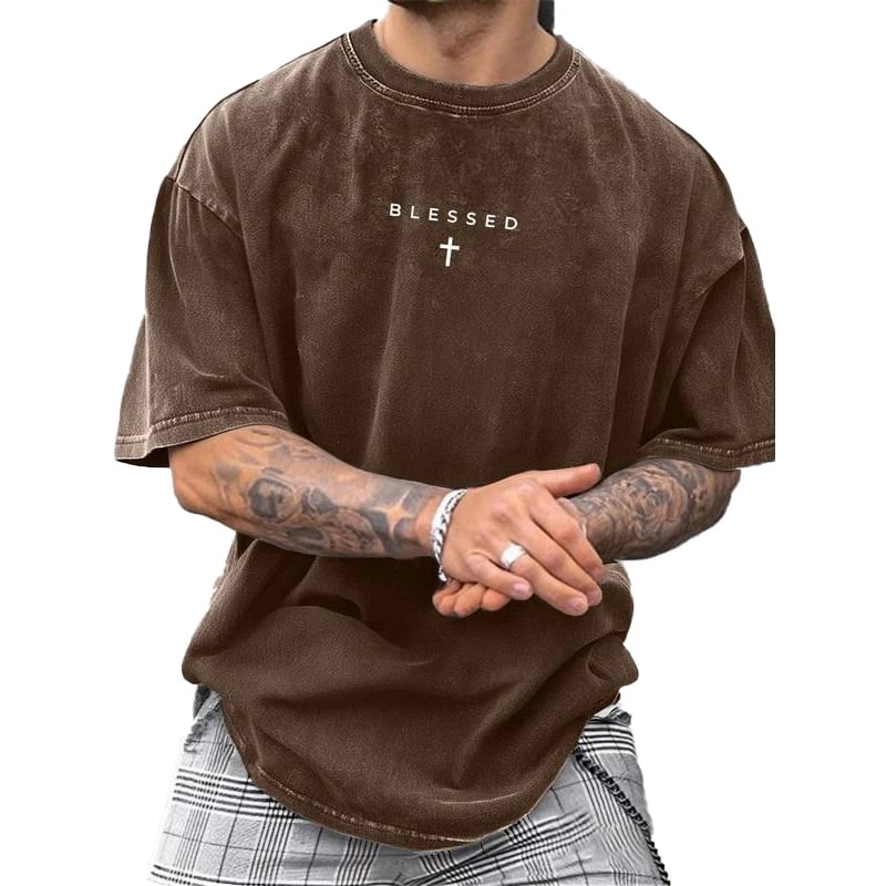 ✝️ Men‘s Vintage Cross & Letter Print T-Shirt – Soft Washed Cotton---Buy 4 Get Extra 40% Off & Free Shipping