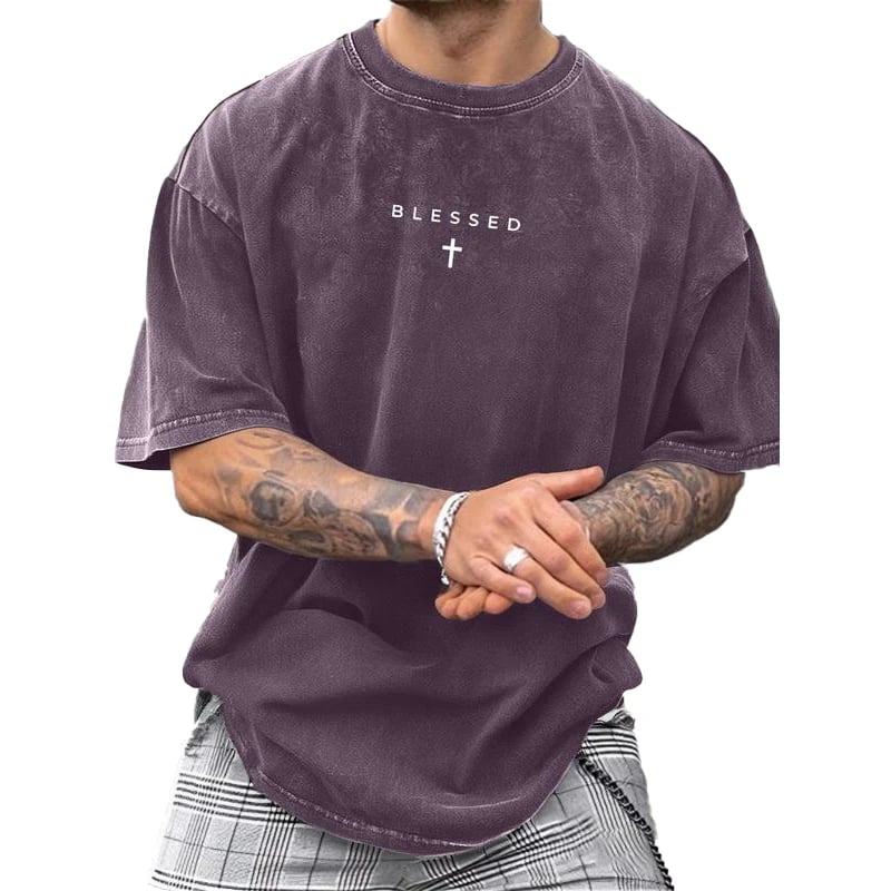 ✝️ Men‘s Vintage Cross & Letter Print T-Shirt – Soft Washed Cotton---Buy 4 Get Extra 40% Off & Free Shipping